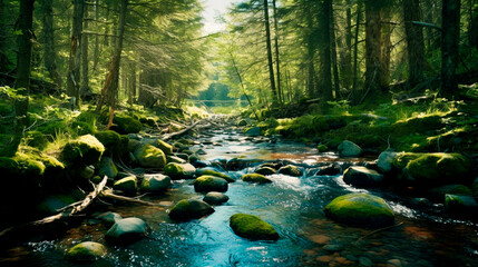 Fototapeta premium Peaceful River Flowing Through Pristine Wilderness: Serene Landscape. Generative AI.