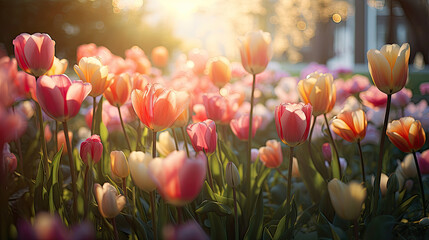 In the sun-kissed garden, tulips bloom gracefully, their vibrant petals whispering nature's perfume