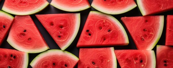 Texture of fresh red watermelon slices, background, panorama. of summer food. Generative Ai.