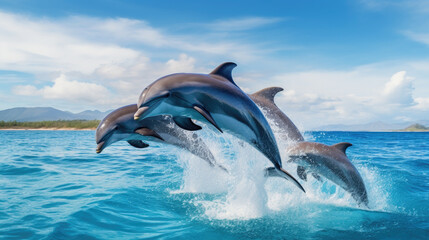 Fototapeta premium Graceful dolphins dance in harmony, their joyful movements echoing across the sea, adding a touch of enchantment to the picturesque coastal landscape