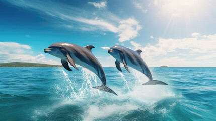 In a harmonious dance, two dolphins gracefully leap through the sparkling sea, adding life to a breathtaking coastal landscape