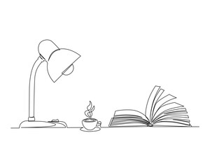 Continuous one line drawing of books, desk lamp and a cup coffee. School and education concept.  Editable stroke.