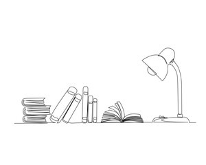 Continuous one line drawing of books and desk lamp. School and education concept.  Editable stroke.