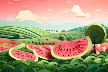 Paper cut out of a watermelon field.. Generative ai.