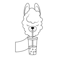 Alpaca with a drink with a straw coloring page