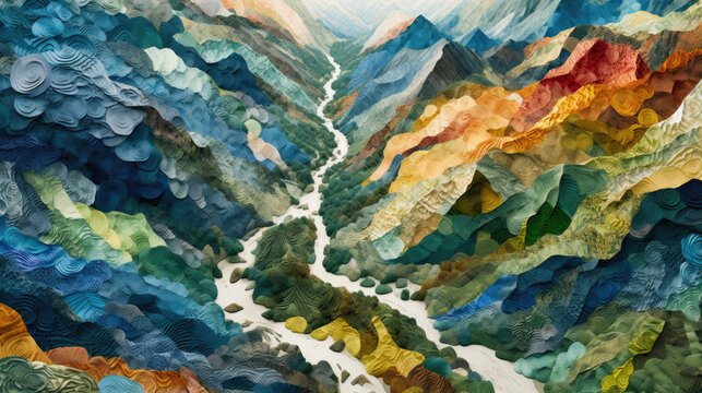 Mountainous Fabric: Ethereal Overhead Views in Soft Hues. Generative AI