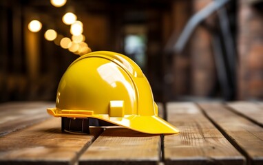 Yellow hard hat on construction site, Labour Day Concept, Generative Ai