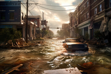 Obraz premium Devastating Deluge: Capturing the Chaos of Urban Flooding. Generative AI