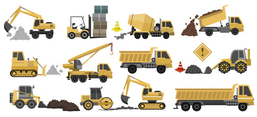 Vector set illustration of simple deformed various types of Heavy equipment for construction sites car icons pictograms	