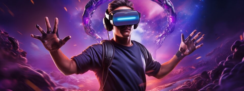 Virtual reality 3d augmented experience exited digital generate person wear vr glasses goggle headset hand gesture touch 3d object in virtual world fun cheerful and remarkable,generative ai