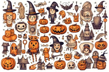 Fototapeta premium Halloween Doodles Clip art on white background Generative AI 