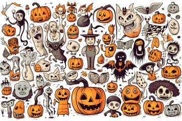 Fototapeta na wymiar Halloween Doodles Clip art on white background Generative AI 