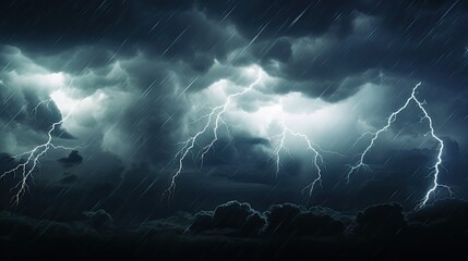 Dramatic and intense lightning bolts illuminating a black cloud sky, thunderstorm at night, Halloween holiday - obrazy, fototapety, plakaty