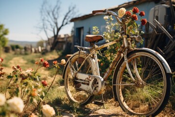 Fototapeta na wymiar Nature's Serenade: A Solitary Bicycle Finds Tranquility Amidst a Tapestry of Blooming Wildflowers and Rests Against a Rustic Wooden Fence Generative AI 