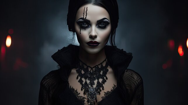 Beautiful woman with dark Halloween makeup and a vampire costume. Scary and glamorous portrait of a female in gothic fashion. Concept of horror and fantasy.