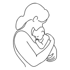 Happy Mother day card. Continuous one line drawing. Woman hold her baby. 