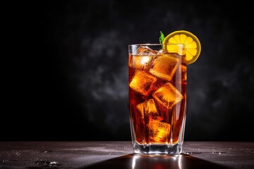glass of cola with ice on an isolated black background - obrazy, fototapety, plakaty