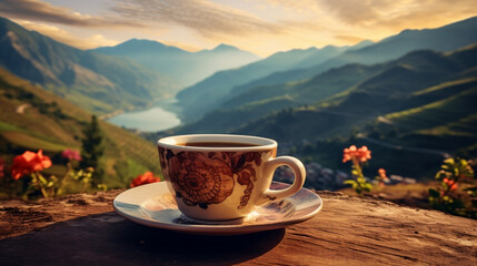 Cup of coffee latte on the background of mountains new quality universal colorful technology illustration design generative ai	