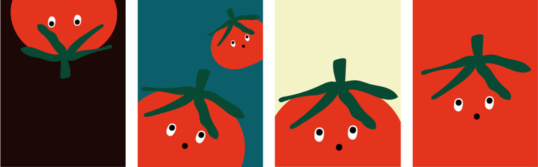 Vector red tomato and green leave character wallpaper with black green red background. - obrazy, fototapety, plakaty