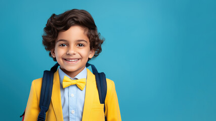 Portrait of smiling boy with school bag isolated on blue background. Back to school concept. AI Generated.