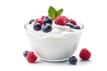 yogurt with berries on white background - obrazy, fototapety, plakaty