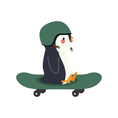 Cute penguin playing skateboard flat