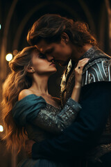 Hero warrior is kissing his princess. Wallpaper, background for romance fantasy stories or books. 