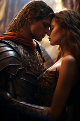 Hero warrior is kissing his princess. Wallpaper, background for romance fantasy stories or books. 