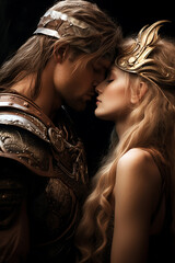 Hero warrior is kissing his princess. Wallpaper, background for romance fantasy stories or books. 