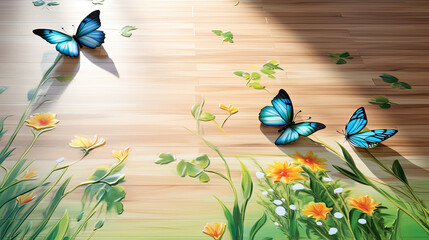Nature's elegance intertwines with exquisite design as delicate butterflies and blades of grass adorn a wooden floor
