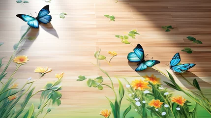Foto auf Acrylglas Schmetterlinge im Grunge Nature's elegance intertwines with exquisite design as delicate butterflies and blades of grass adorn a wooden floor