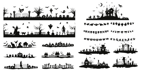 Halloween seamless borders halloween decorations, landscape silhouettes