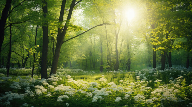 In the forest, under the shade of majestic trees, wild flowers embrace the sun's rays, accompanied by a magical lens flare