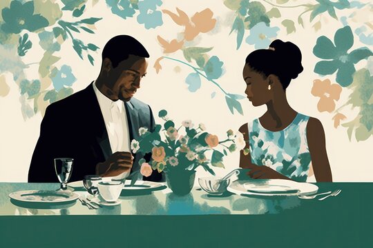 minimalist illustration of a black family sitting at a table, having dinner