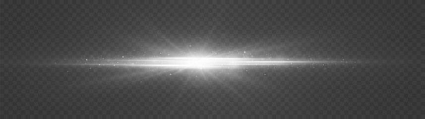 White horizontal lens flares, laser beams. Luminous abstract sparkling lines. Silver glowing star light explodes.