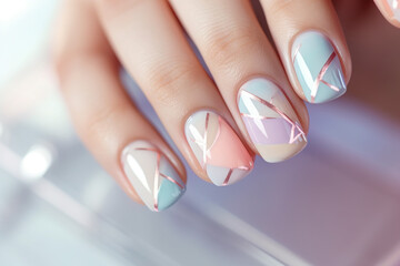 perfect manicure nails with geometric nail art close up, nail salon advertisement, AI generated