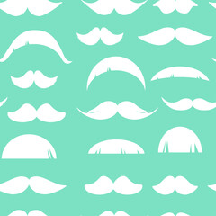 Seamless pattern of white different mustaches on a turquoise background