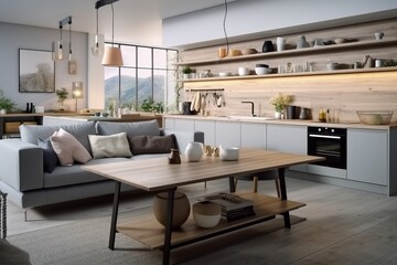 Fototapeta na wymiar interior design, light Stylish apartment interior with modern kitchen. created generative ai.