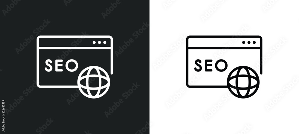 Poster seo and web outline icon in white and black colors. seo and web flat vector icon from seo & web coll