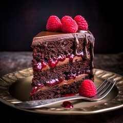 chocolate cake with raspberries on plate, black background