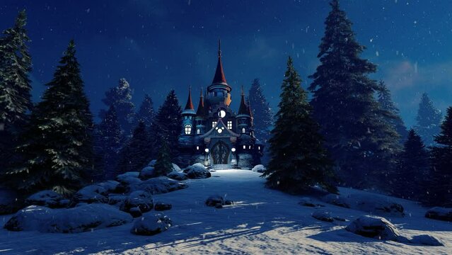 Fairy-Tale Magic Castle Standing In The Middle Of A Dark Winter Forest. Animation On The Theme Of Fairy Tales And Fantasy, Cartoons And Landscapes.