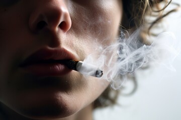 a smoking woman smoking cigarette. burning cigarette in the mouth. isolated on white background.  Generative AI