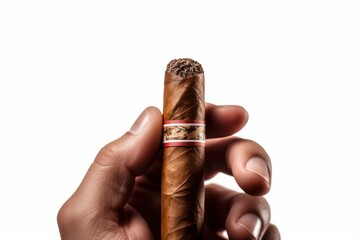 a hand holding a cuban cigar vertically isolated on white background. Generative AI