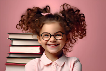 Cute smiling schoolgirl with books on pink background, Back to School, Generative AI