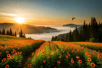 Beautiful flowers field  at sunset with mountains in the back - Generative AI