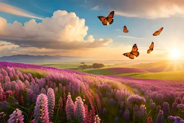 Foto auf Acrylglas Dämmerung Beautiful lavender field with butterflies at sunset with mountains in the back , beautiful wallpapers, textures and backgrounds - Generative AI