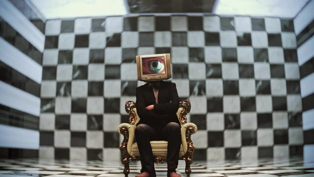 Scary observing person in a suit and a television head, single eye. Retro futuristic sci-fi cinematic animation. Propaganda, invigilation concept. Fake news symbol. Black and white checkered room. 