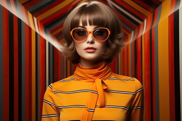 Jeune femme des années 70 avec lunette, motif illustration. Fond créatif d'été rétro des années 70, IA générative, Générative, IA  - obrazy, fototapety, plakaty