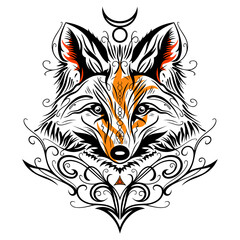Fuchs Fox Tribal Tattoo mit Symbol für das Element Feuer. Herbst Vektor Design.