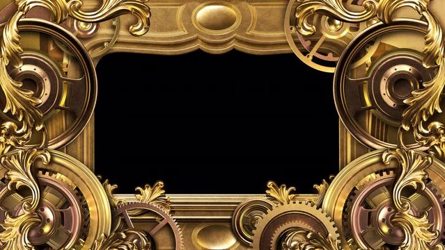 Decorative Frame With Technological Elements And Golden Decor. Animation On The Theme Of Engineering, Fantasy And Industry.